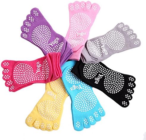 Kamay's Anti-slip Fitness Yoga Pilates Socks Dance Socks Full Toe Half Toe Toeless Socks Ankle Fall Prevention Grip Socks Thick Cotton More wear-resisting 5 toes 7 Colors Available (B Black)