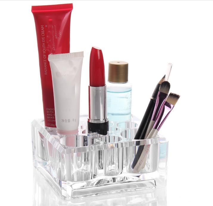 DJUNXYAN 9 Holes Transparent Acrylic Lipstick Makeup Brush Holder Cosmetic Display Stand Case