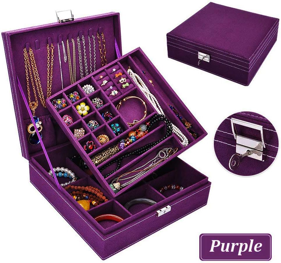 MSYU Jewelry Box for Women, Double Layer 36 Compartments Necklace Jewelry Organizer with Lock Jewelry Holder for Earrings Bracelets Rings