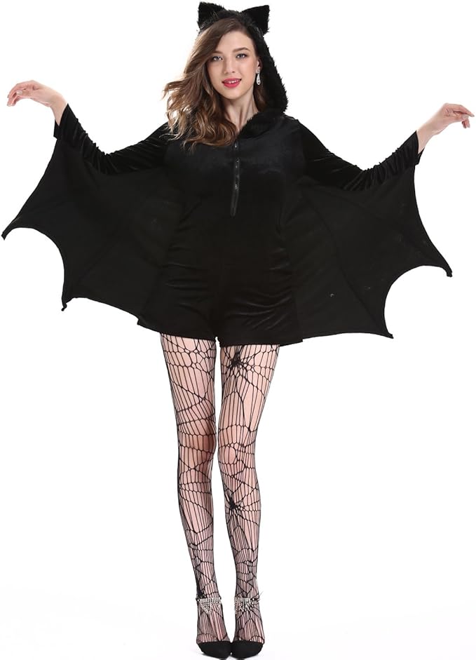 Kamay's Adult Halloween Costumes Woman’s Black Bat Zip Hoodie Halloween Costumes Batwoman Costume Women Accessory High Collar Vampire Bat Wings Women's Black Batgirl Dress Jumpsuits Costume
